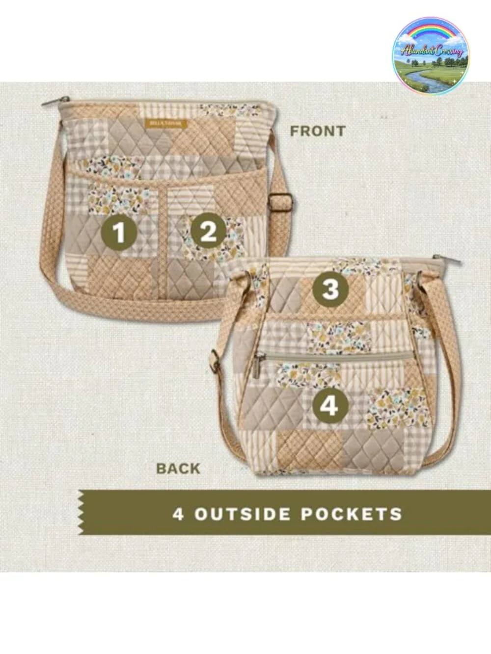 Quilted Cotton Crossbody Handbag for Women, Machine Washable, 6 Pockets,